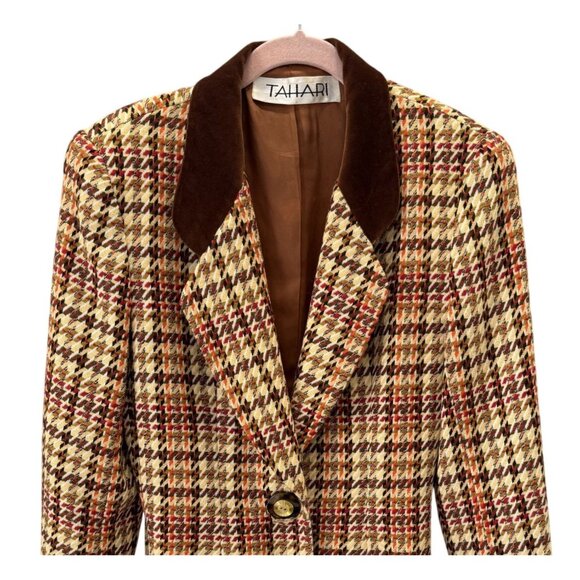 Tahari Womens Wool Houndstooth Blazer Velvet Collar Size 6 Brown Cream Vintage - Picture 2 of 10